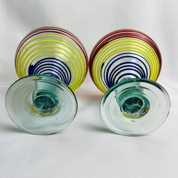 Mexican Hand-Blown Striped Margarita Glasses Heavy Large Barware 12 oz. Set of 2 - Picture 6 of 8